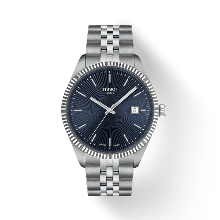 Tissot Ballade 40mm with blue guilloche dial and steel chain, elegant men's watch. Model T1564101104100