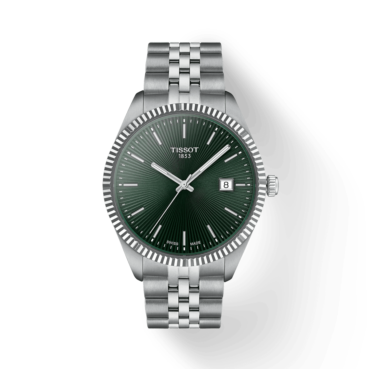 Tissot Ballade 40mm with green guilloche dial and steel chain, elegant men's watch. Model T1564101109100.