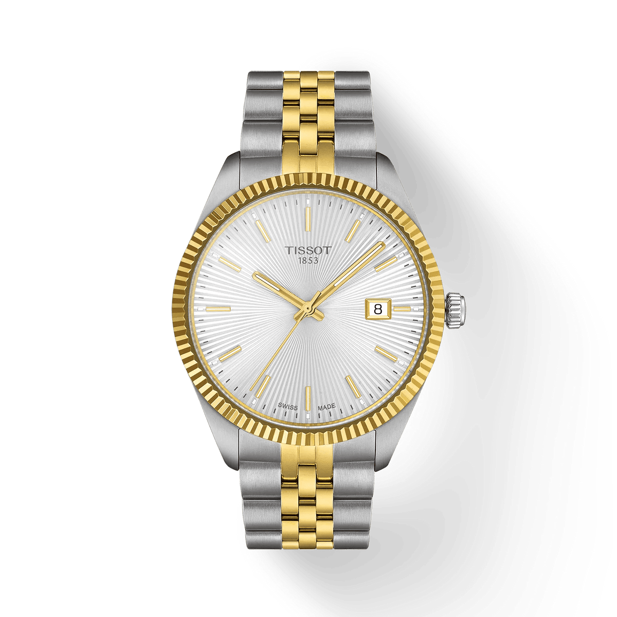 Tissot Ballade 40mm with guilloche silver dial, two-tone steel chain and golden bezel. Model T1564102203100