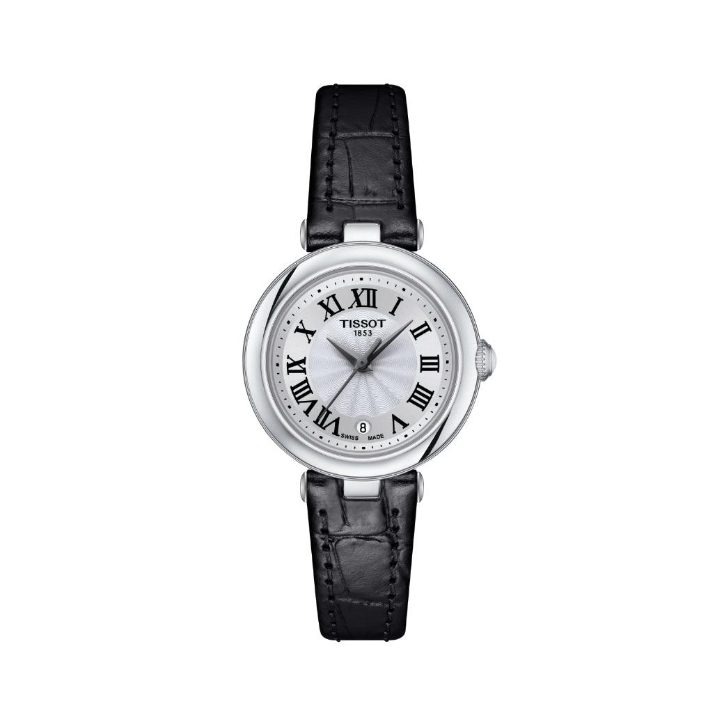 Tissot Bellissima Small Lady with silver dial, black Roman numerals and black leather strap. Model T1260101601300.