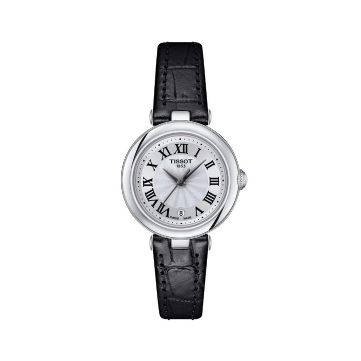 Tissot Bellissima Small Lady with silver dial, black Roman numerals and black leather strap. Model T1260101601300.