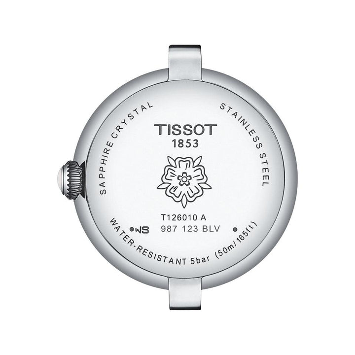 Tissot Bellissima Small Lady T1260101601300 watch case seen from the back in steel with hinge and engraved flower. Model T1260101601300