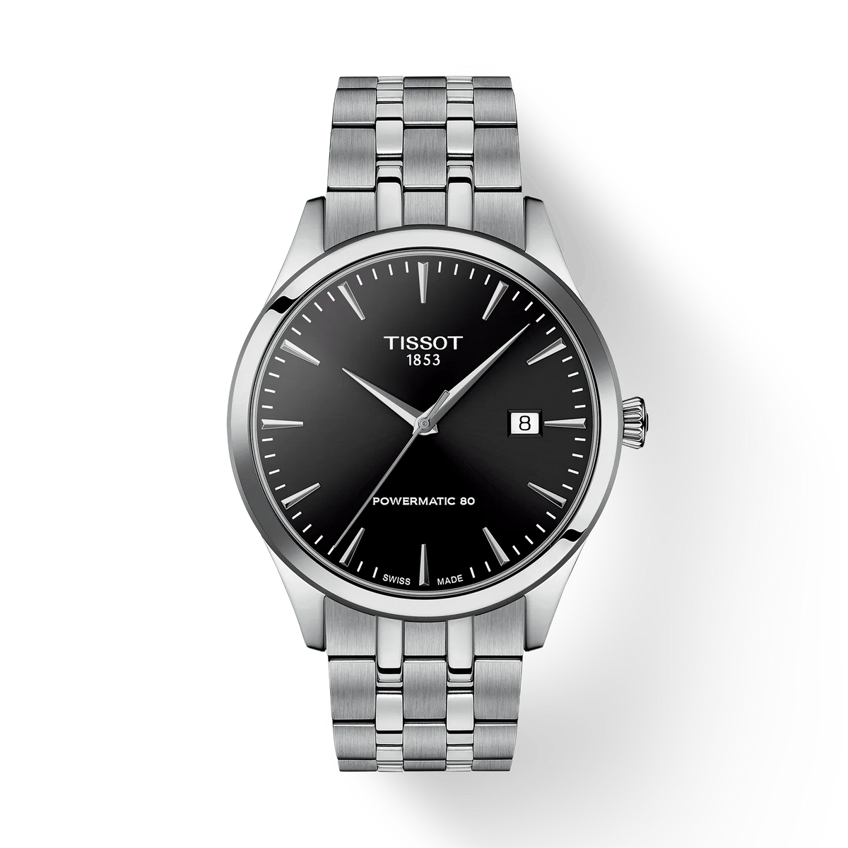 Tissot Classic Dream 40mm with black dial and steel chain, shows date. Model T1584071105100