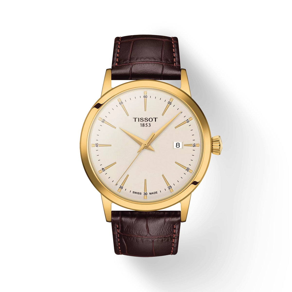 Tissot Classic Dream 42mm Gold PVD with Brown Leather Strap, Elegant Dial, Model T1294103626100