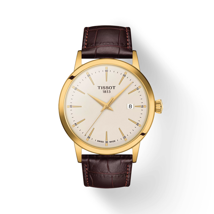 Tissot Classic Dream 42mm Gold PVD with Brown Leather Strap, Elegant Dial, Model T1294103626100