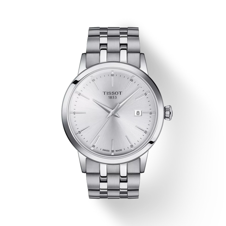 Tissot Classic Dream 42mm steel wristwatch with silver dial and date display. Model T1294101103100