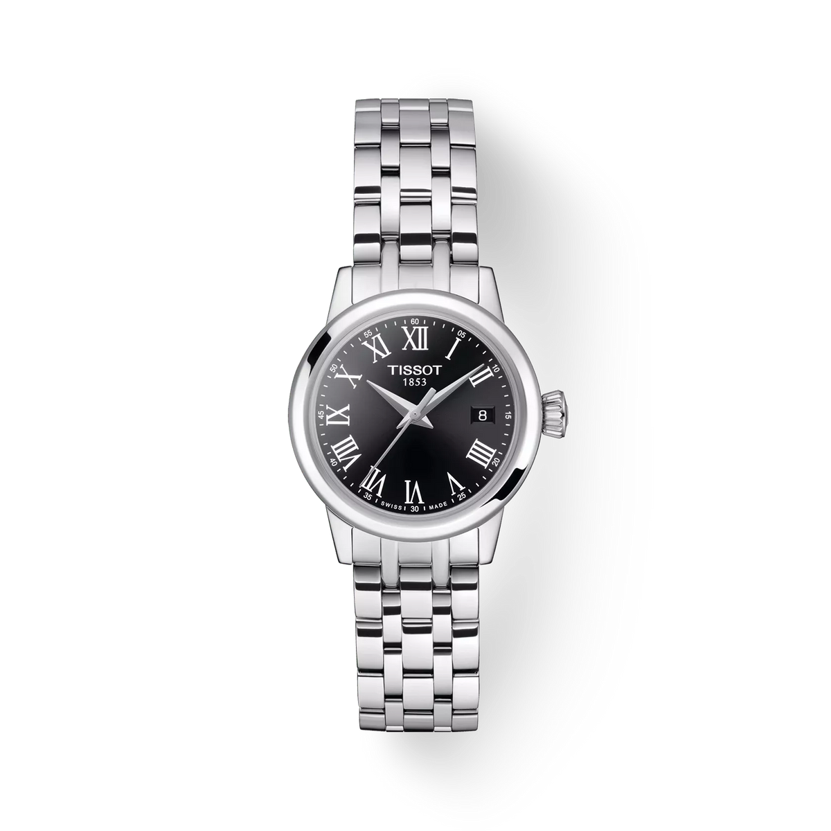 Tissot Classic Dream Lady steel bracelet with black dial, Roman numerals and date display. Model T1292101105300.