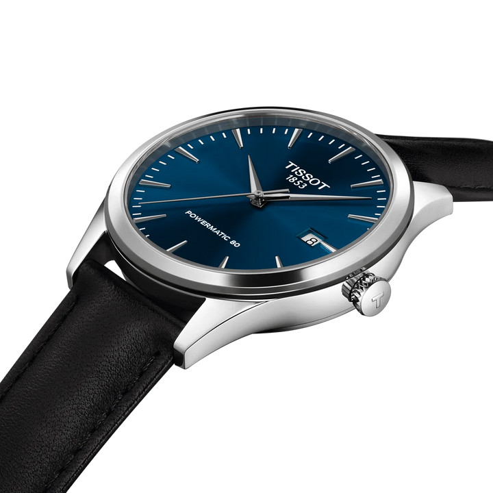 Tissot Classic Dream Powermatic 80 leather strap and blue dial, elegant watch with black strap. Model T1584071604100