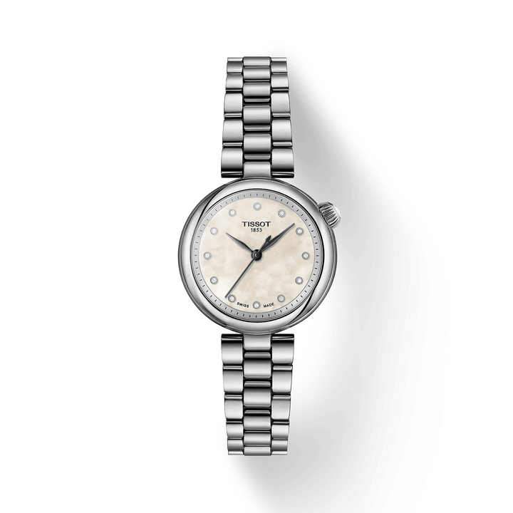 Tissot Desir 28mm mother-of-pearl dial and diamonds displayed in steel with elegant chain. Model T1520101111600