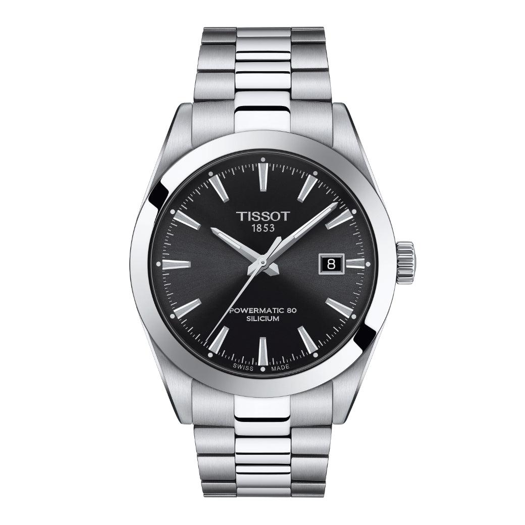 Tissot Gentleman Powermatic 80 Silicon with black dial and silver steel chain, Model T1274071105100.