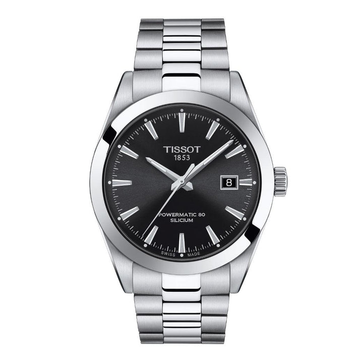 Tissot Gentleman Powermatic 80 Silicon with black dial and silver steel chain, Model T1274071105100.