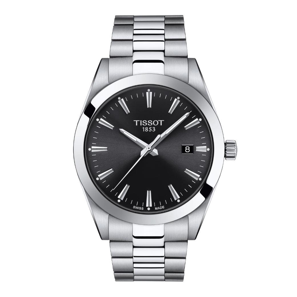 Tissot Gentleman T1274101105100 with black dial and steel link, elegant classic men's watch. Model T1274101105100