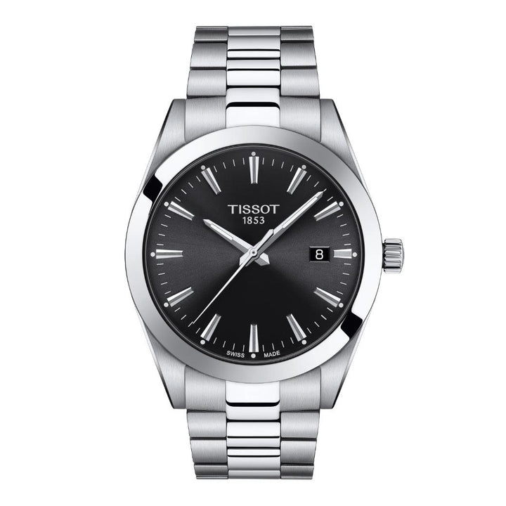 Tissot Gentleman T1274101105100 with black dial and steel link, elegant classic men's watch. Model T1274101105100