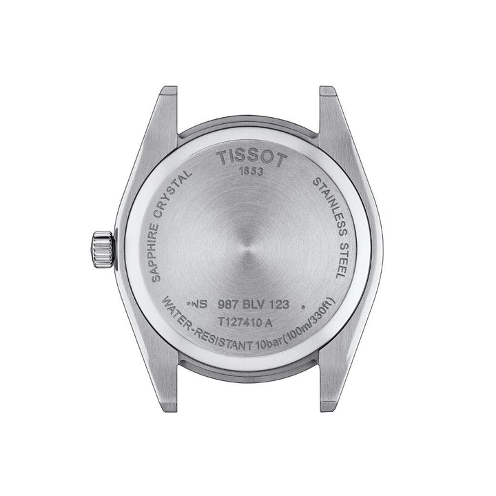Tissot Gentleman T1274101105100 case back in brushed steel with engraving and detailed crown. Model T1274101105100.