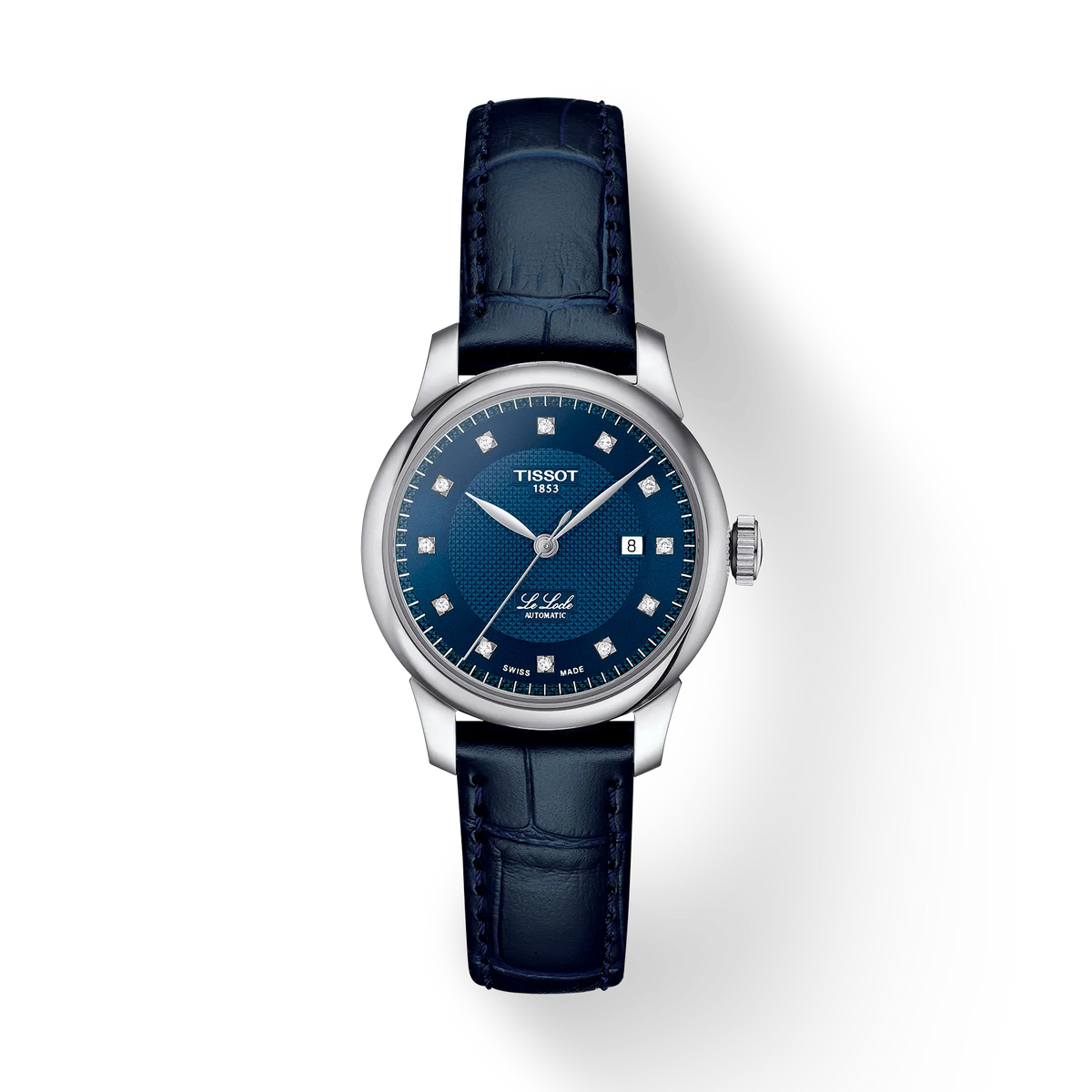 Tissot Le Locle 29mm with blue dial, leather strap and diamond indices, Model T0062071604600.