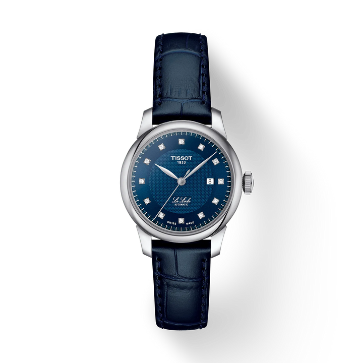 Tissot Le Locle 29mm with blue dial, leather strap and diamond indices, Model T0062071604600.