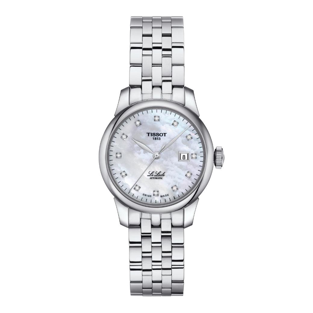 Tissot Le Locle Automatic Lady 29 mm watch with silver steel chain, mother-of-pearl dial and date. Model T0062071111600