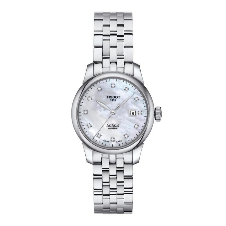 Tissot Le Locle Automatic Lady 29 mm watch with silver steel chain, mother-of-pearl dial and date. Model T0062071111600