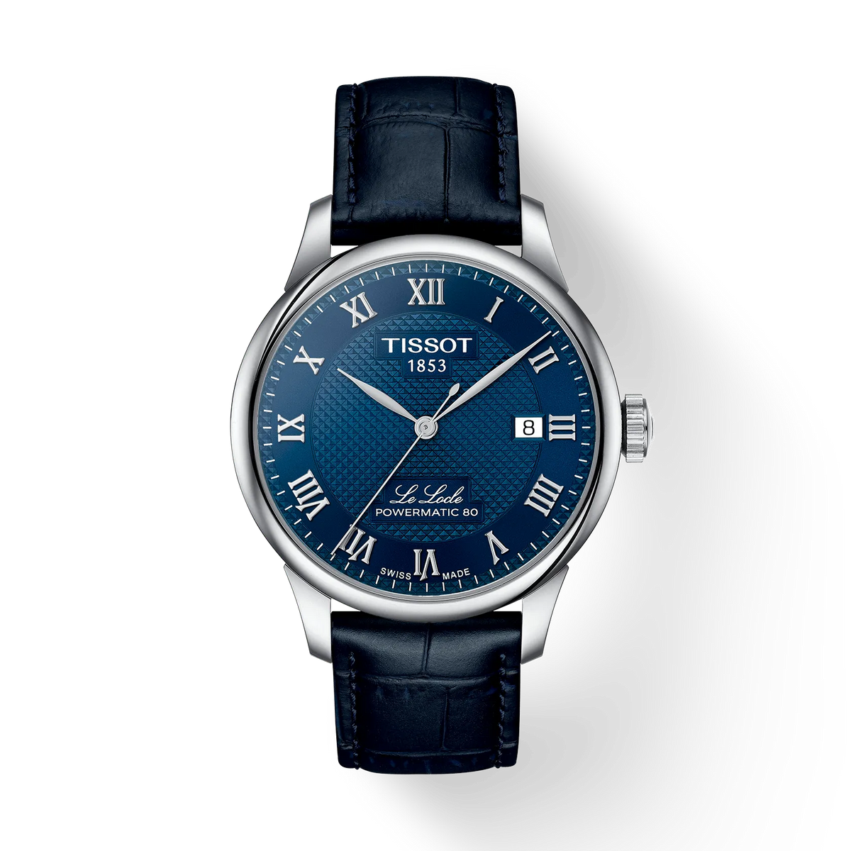 Tissot Le Locle Powermatic 80 with blue dial, silver details and dark blue leather strap. Model T0064071604300
