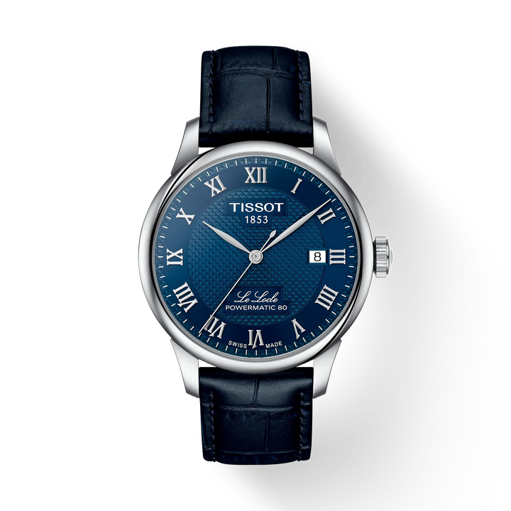 Tissot Le Locle Powermatic 80 with blue dial, silver details and dark blue leather strap. Model T0064071604300