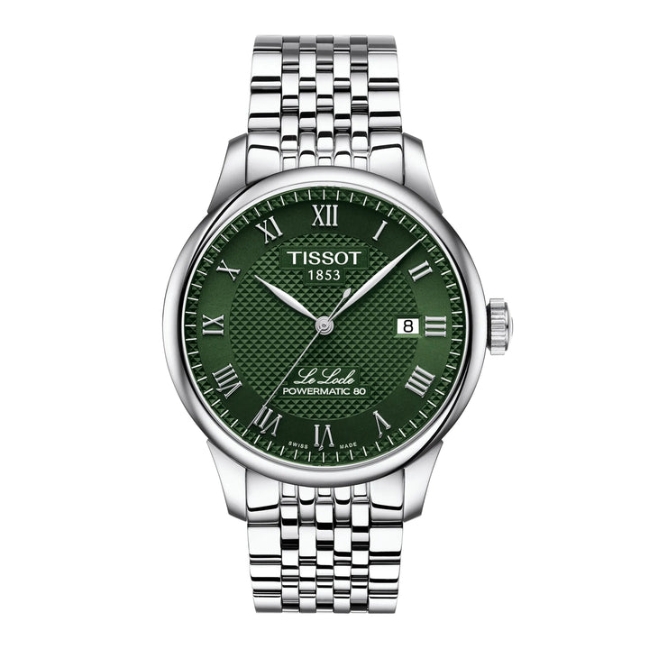 Tissot Le Locle Powermatic 80 with green dial and silver bracelet, classic men's watch. Model T0064071109300