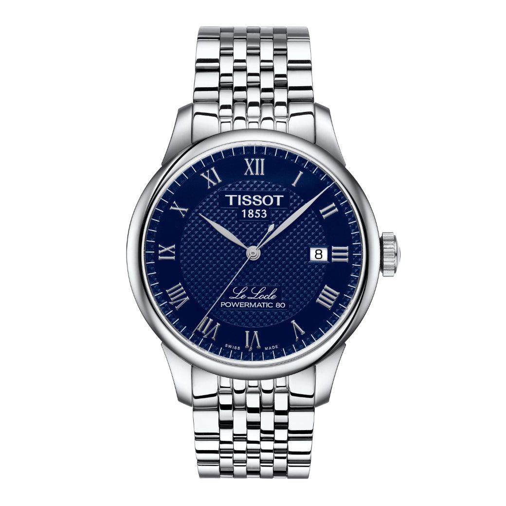 Tissot Le Locle Powermatic 80 men's watch with blue dial and steel chain. Model T0064071104300.