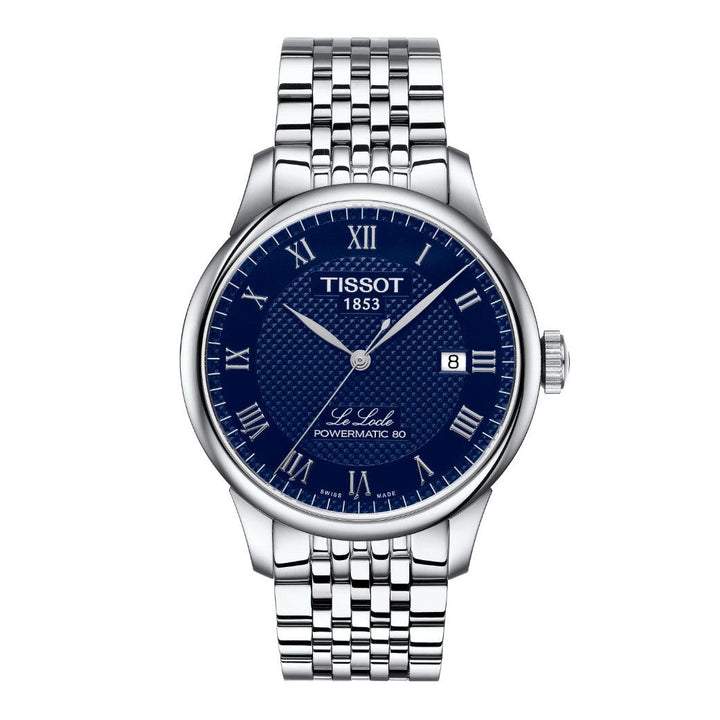 Tissot Le Locle Powermatic 80 men's watch with blue dial and steel chain. Model T0064071104300.