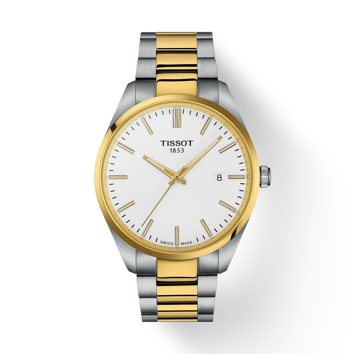 Tissot PR 100 40mm gold PVD steel link, elegant watch in silver and gold with white dial. Model T1504102201100
