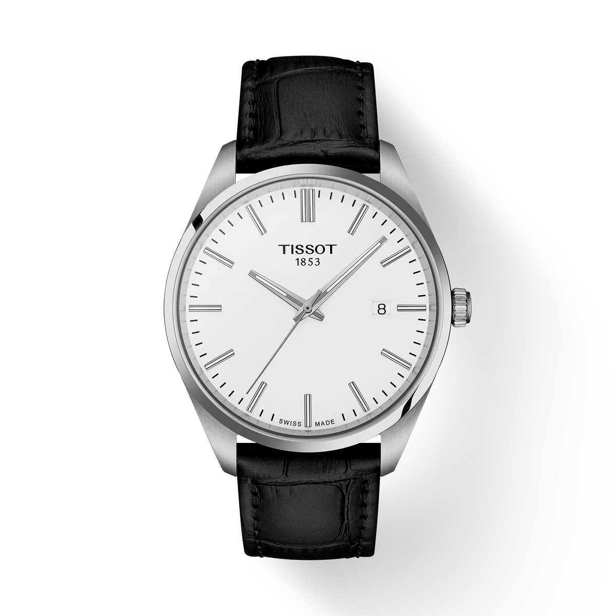 Tissot PR 100 40mm black leather strap with white dial and date, elegant and stylish. Model T1504101601100