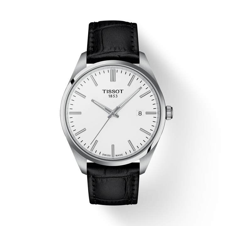 Tissot PR 100 40mm black leather strap with white dial and date, elegant and stylish. Model T1504101601100
