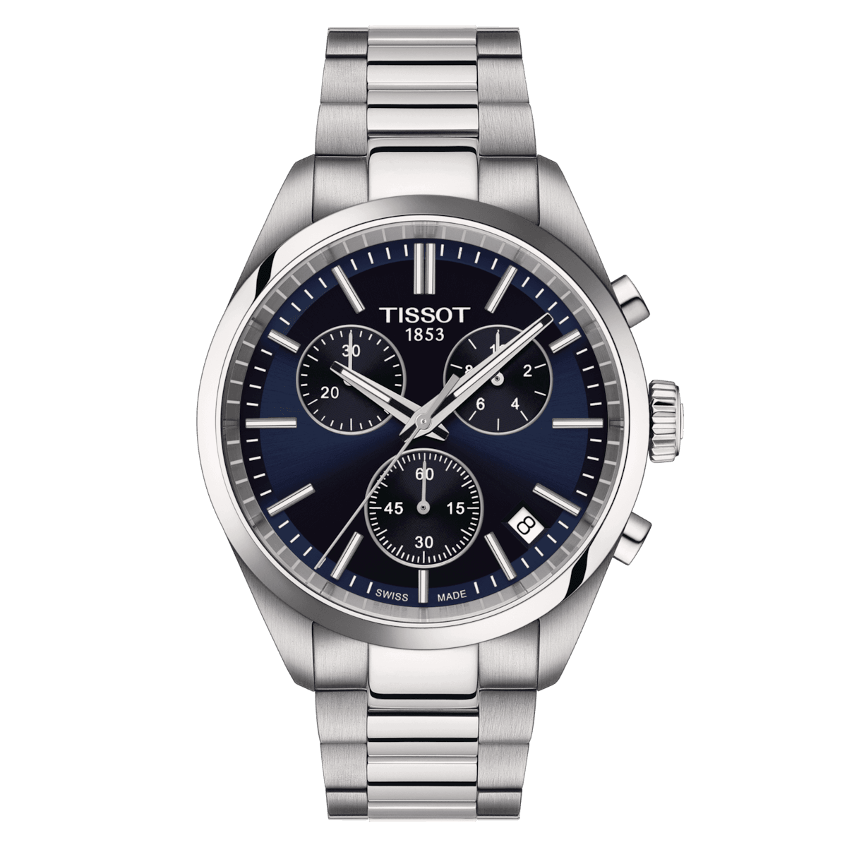 Tissot PR 100 Chronograph with blue dial, steel strap and silver details. Model T1504171104100.