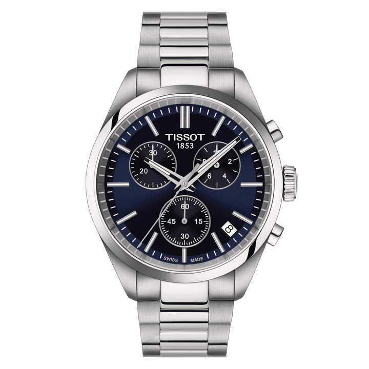 Tissot PR 100 Chronograph with blue dial, steel strap and silver details. Model T1504171104100.