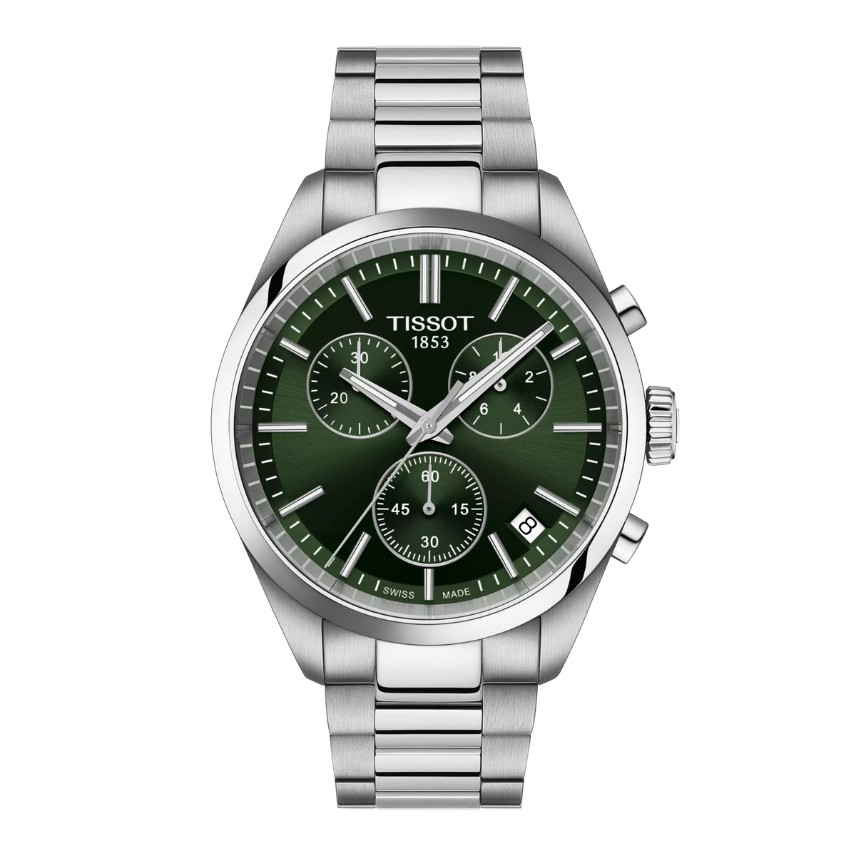 Tissot PR 100 Chronograph with green dial and steel chain, front view. Model T1504171109100