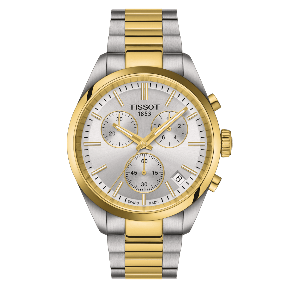 Tissot PR 100 Chronograph PVD with silver dial, two-tone steel bracelet, Model T1504172203100
