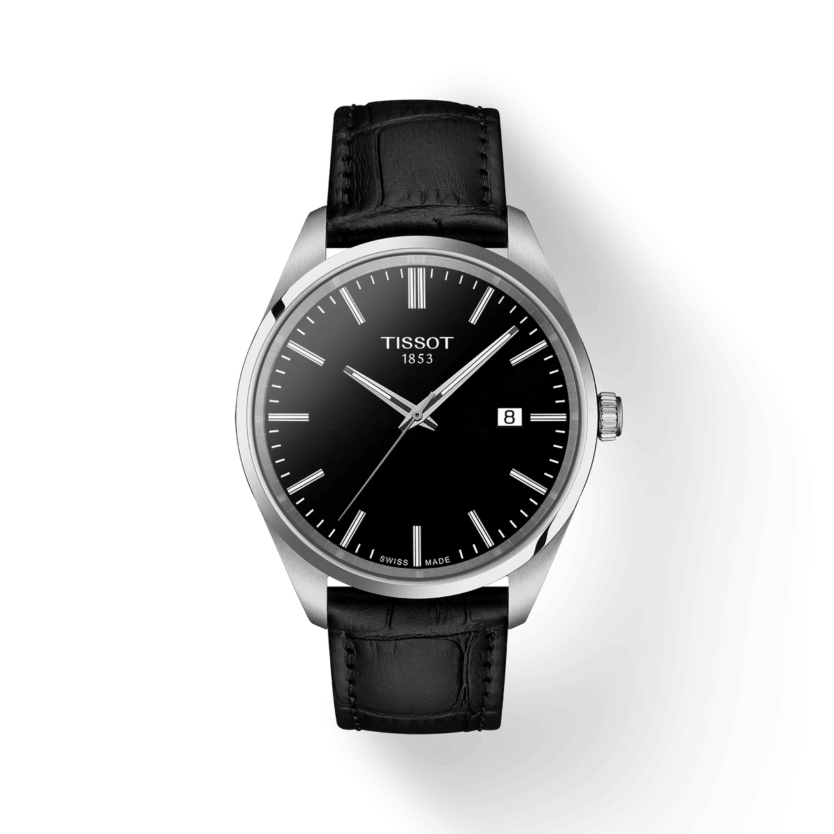 Tissot PR 100 Quartz with black dial, date and black leather strap. Model T1504101605100.