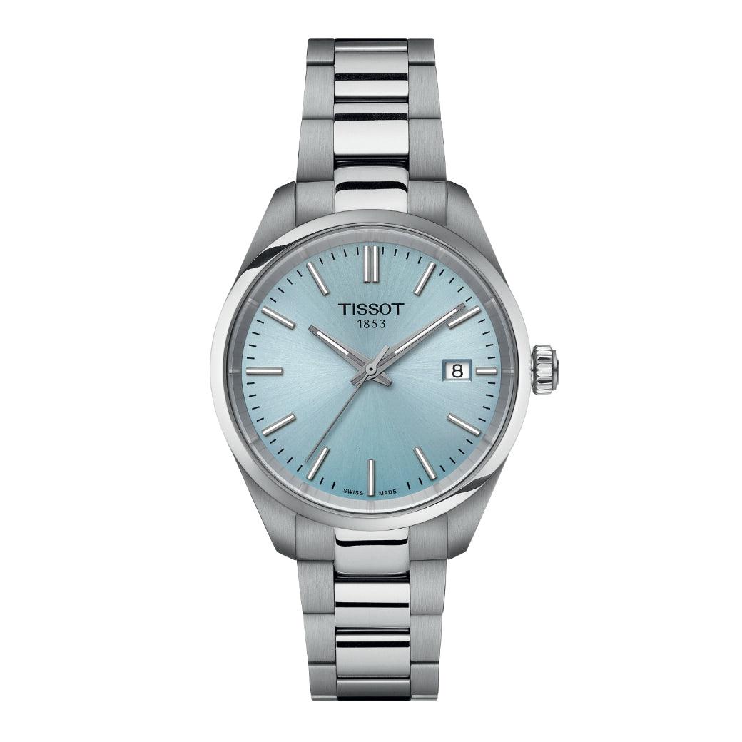 Tissot PR 100 with steel strap and light blue dial, simple design and date display. Model T1502101135100