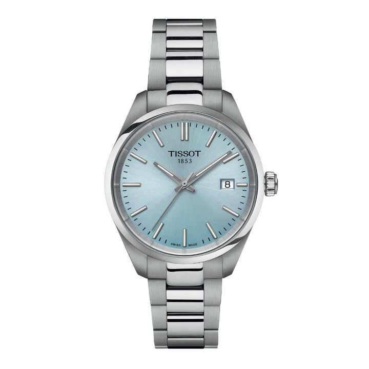 Tissot PR 100 with steel strap and light blue dial, simple design and date display. Model T1502101135100