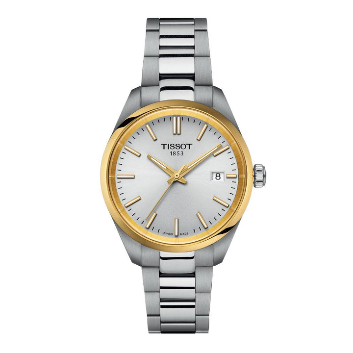 Tissot PR 100 shows a two-tone watch in steel with gold-colored bezel and silver dial, Model T1502102103100.