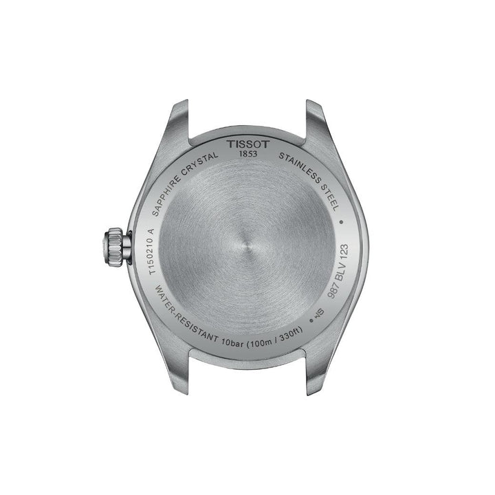 Tissot PR 100 t1502102103100 brushed steel case with engravings, back detail. Model t1502102103100
