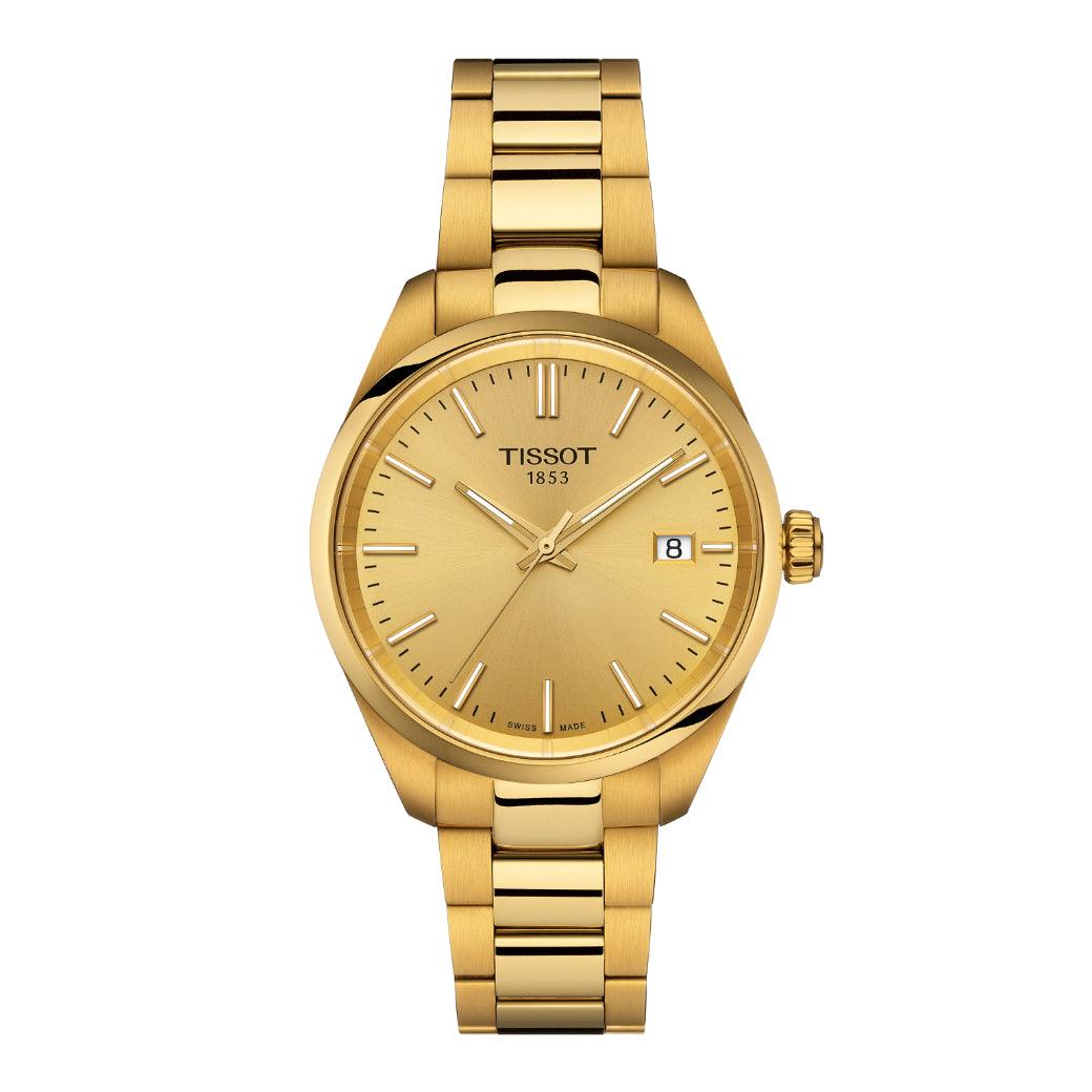 Tissot PR 100 T1502103302100 shows an elegant wristwatch in gold colored steel with date and classic dial. Model T1502103302100