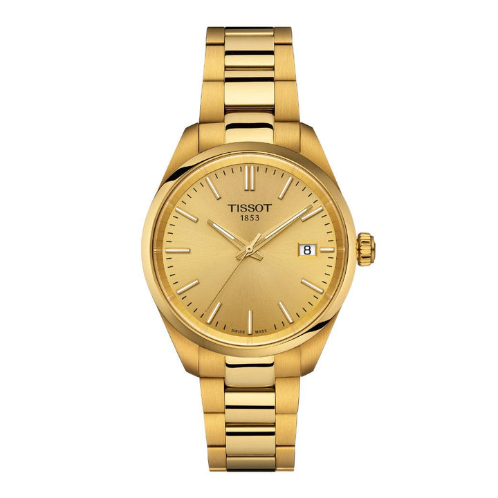 Tissot PR 100 T1502103302100 shows an elegant wristwatch in gold colored steel with date and classic dial. Model T1502103302100