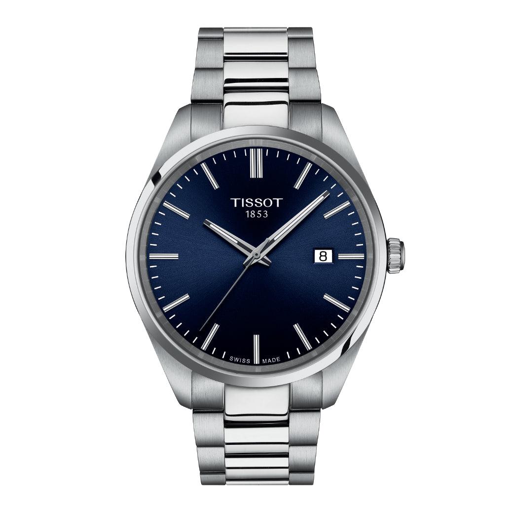 Tissot PR 100 T1504101104100 shows an elegant men's watch with blue dial and steel strap. Model T1504101104100