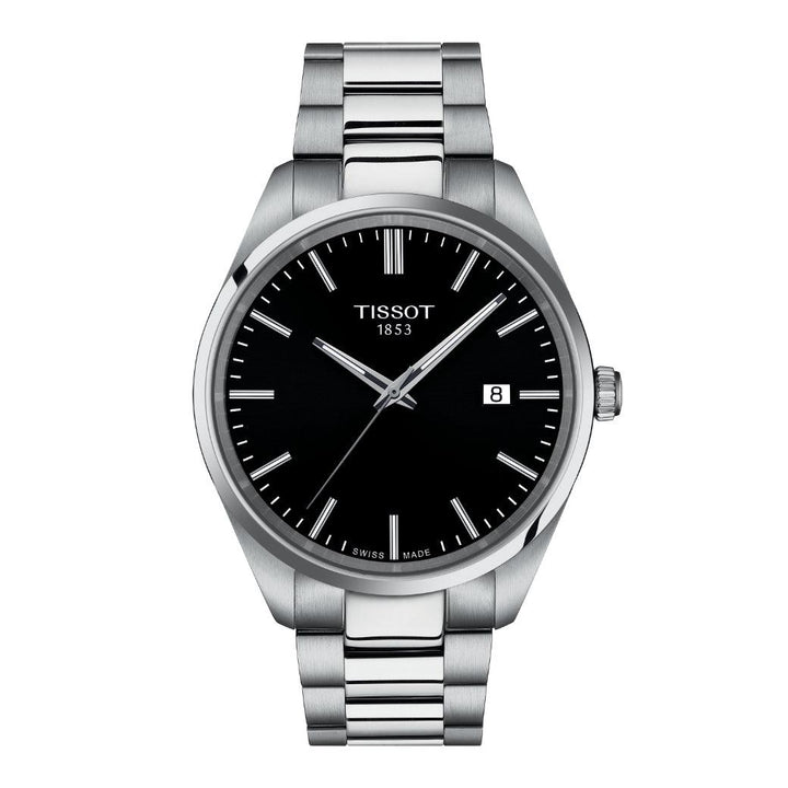 Tissot PR 100 T1504101105100 men's watch with black dial, steel chain and date. Model T1504101105100.