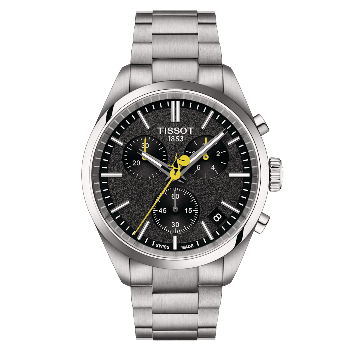 Tissot PR100 Tour de France T1504171105100, chronograph with black dial, steel strap and yellow details. Model T1504171105100