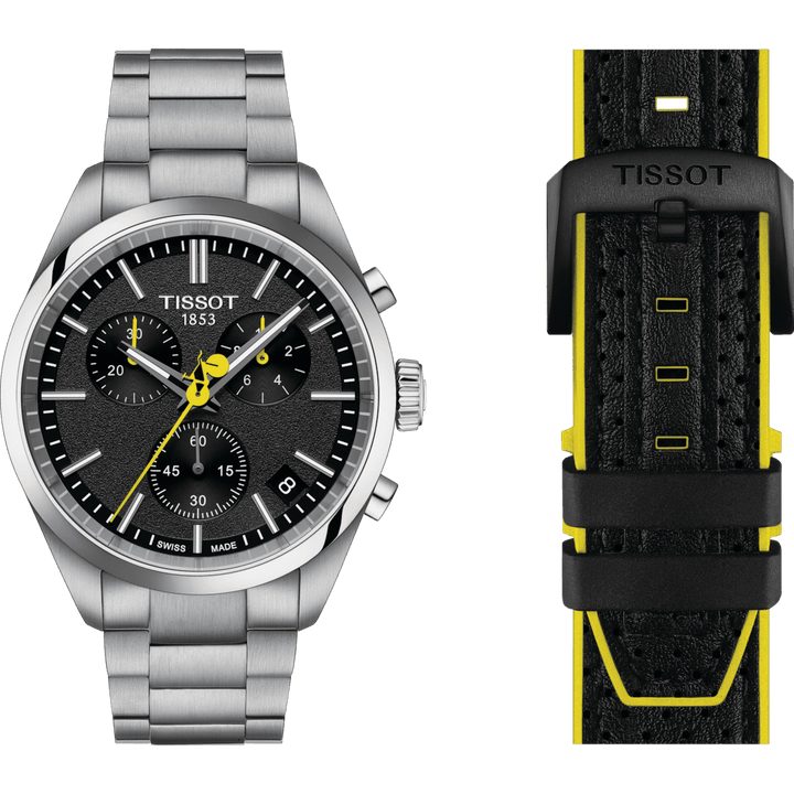 Tissot PR100 Tour de France T1504171105100 with steel strap, black dial and alternative black leather strap. Model T1504171105100
