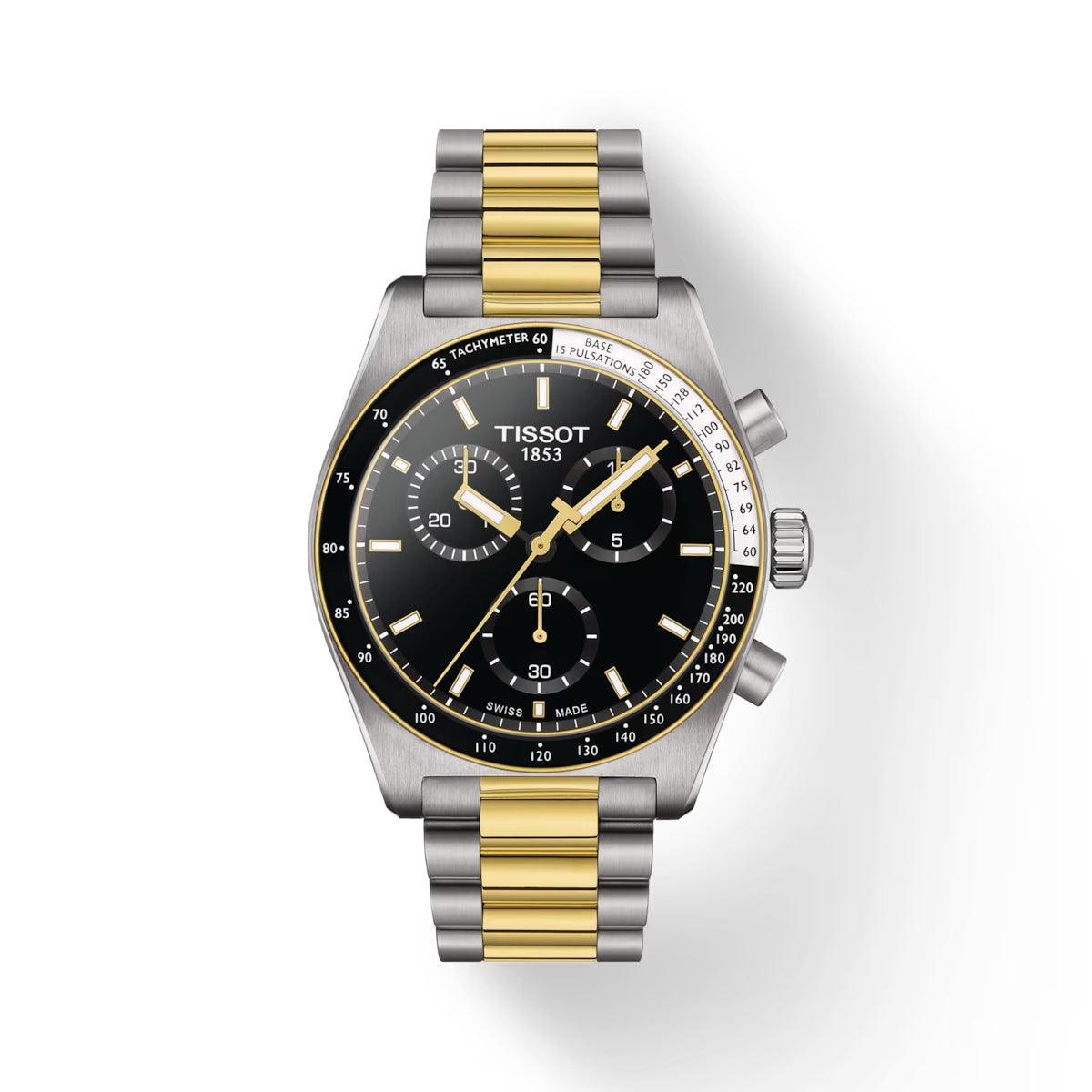 Tissot PR516 Chronograph gold PVD with black dial, two-tone steel and gold chain. Model T1494172205100