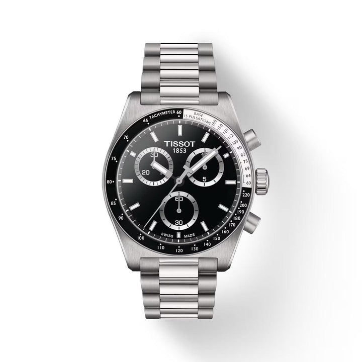 Tissot PR516 Chronograph with black dial, steel chain and detailed tachymeter. Model T1494171105100