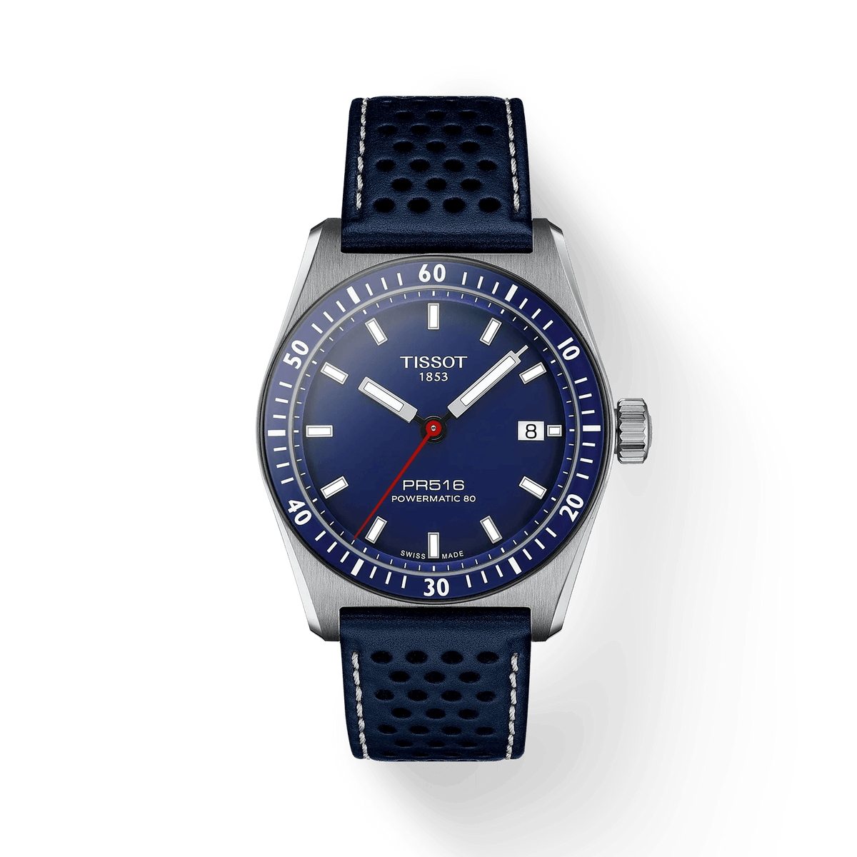 Tissot PR516 Powermatic 80 with blue dial and blue perforated leather strap. Model T1494071604100.