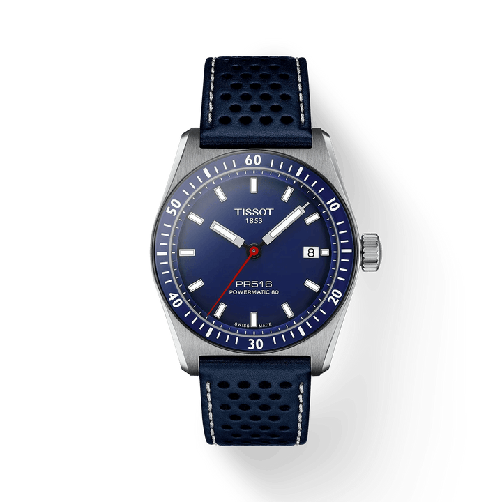 Tissot PR516 Powermatic 80 with blue dial and blue perforated leather strap. Model T1494071604100.