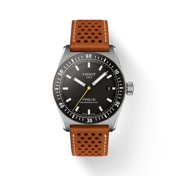 Tissot PR516 Powermatic 80 with black dial, steel case and brown perforated leather strap. Model T1494071605100